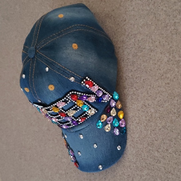Blinged Blue Denim  Multi-Colored Rhinestone "Queen" Cap - Picture 7 of 7